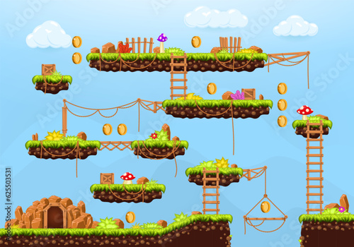 Video game. Elements and objects for computer game. Template for construction game level. Background for arcade game. Vector illustration.