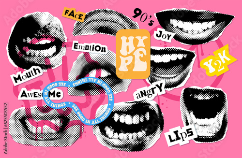 Vintage paper Collage stickers set with emotional mouths with quotes, grunge elements and piece of paper. Halftone lips for banner, graphic, poster. Vector Dotted Textured elements.