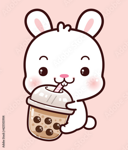Cute Little Rabbit Hug Boba Milk Tea. Kawaii Cute Vector