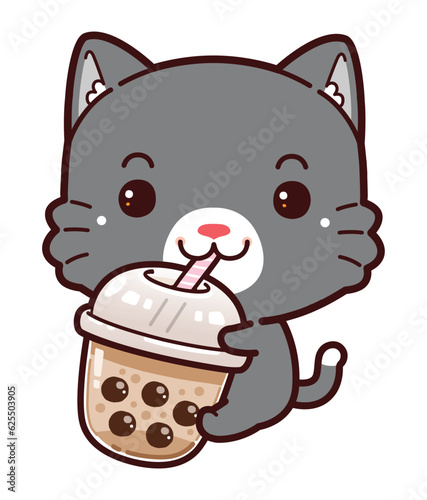 Cute Little Black Cat Hug Boba Milk Tea. Kawaii Cute Vector