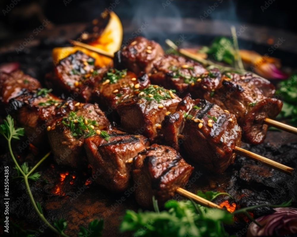 Xinjiang Lamb Skewers, close-up of juicy grilled pieces, artistically plated with herbs and spices