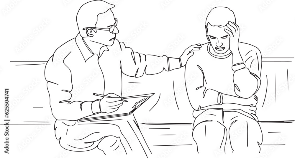 Continuous Line Art: Psychology Doctor and Depressed Patient., Continuous Outline Illustration: Mental Health Session with Depressed Patient, Psychology Doctor Talking to Depressed Man