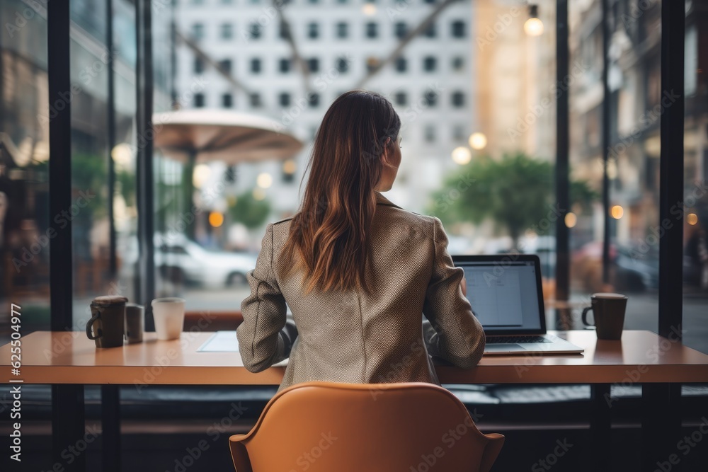 A young woman is working on her laptop in an office, with a blank screen that can be used for advertising. We see the back view of her hands as she busily uses the laptop at her desk. A young woman is working on her laptop in an office, with a blank screen that can be used for advertising. We see the back view of her hands as she busily uses the laptop at her desk.