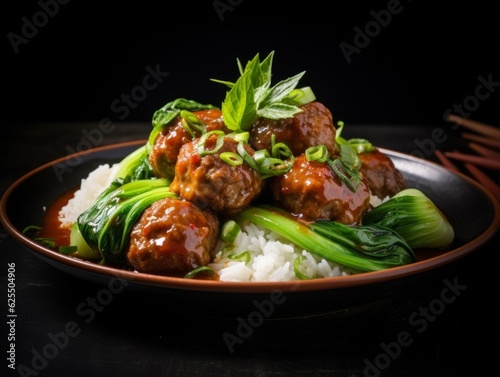 Lion's Head Meatballs paired with steamed jasmine rice and a side of bok choy