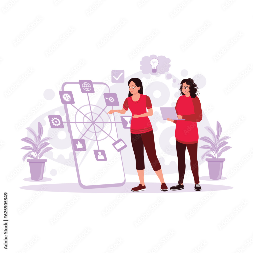 View of a woman holding a laptop and a woman touching productivity concept on screen. Trend Modern vector flat illustration. View of a woman holding a laptop and a woman touching productivity concept on screen. Trend Modern vector flat illustration.