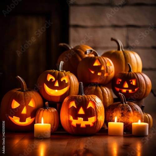 Halloween pumpkins. Jack-o-lantern decoration. Generative AI