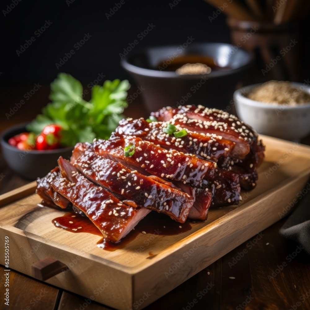 Char Siu, highlighting glossy slices of red-edged barbecued pork ribs garnished with sesame seeds on a rustic wooden table Char Siu, highlighting glossy slices of red-edged barbecued pork ribs garnished with sesame seeds on a rustic wooden table