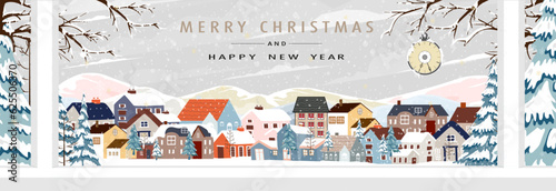 Winter City Scene,Christmas Greeting Card,New Year 2024 Background,Vector illustration of Horizon Cute Fairy Houses with Snowy for Christmas winter landscape Design for Postcard,Calendar,Web Banner