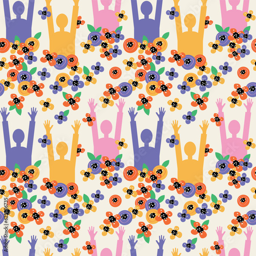 Different color people and hands with flowers seamless pattern background. Vector backdrop illustration multinational joyful hands, different cultures, peoples, friendship, party, peace, festive fond