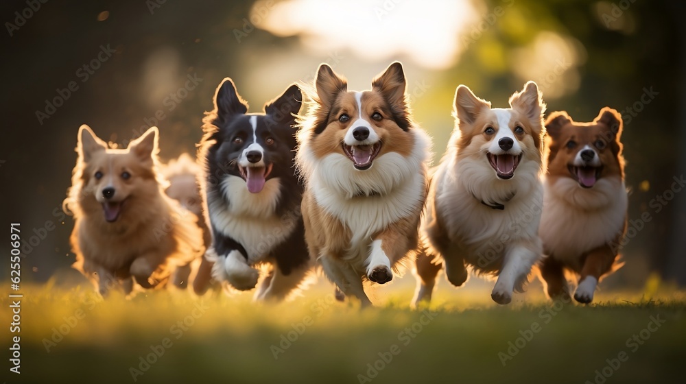Playful dogs create mirthful moments in the park on a sunny day. Generative ai. 
