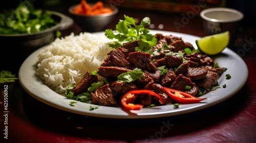 Spicy Cumin Beef served on a white plate with a side of jasmine rice and garnished with fresh herbs, captured with a Nikon D3500 camera, using a 50mm lens --v 5.2 --ar 16:9 photo