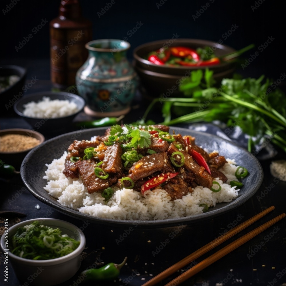 Sichuan Twice-Cooked Pork, served with steamed jasmine rice, garnished with a sprinkling of fresh coriander leaves Sichuan Twice-Cooked Pork, served with steamed jasmine rice, garnished with a sprinkling of fresh coriander leaves