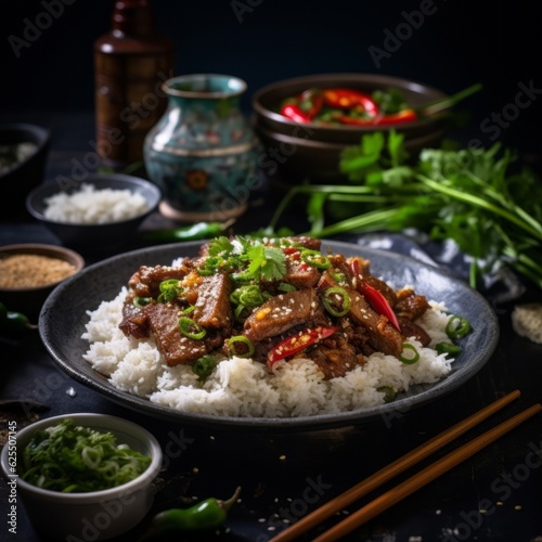 Sichuan Twice-Cooked Pork, served with steamed jasmine rice, garnished with a sprinkling of fresh coriander leaves