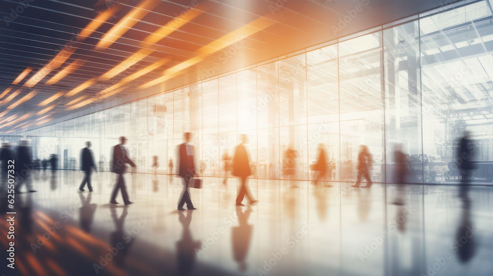 Blurred business people walking at a trade fair conference created with Generative AI Blurred business people walking at a trade fair conference created with Generative AI