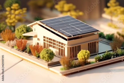 3d model, layout of an eco-friendly, energy-efficient house. Energy Efficient House. Renewable energy concept. Selective focus. Generative AI technology. © vachom