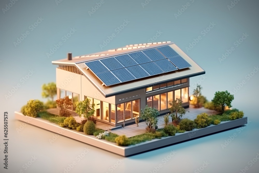 3d model, layout of an eco-friendly, energy-efficient house. Energy Efficient House. Renewable energy concept. Selective focus. Generative AI technology. 3d model, layout of an eco-friendly, energy-efficient house. Energy Efficient House. Renewable energy concept. Selective focus. Generative AI technology.