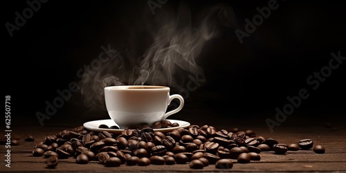 White Coffee Cup on Black Table with Coffee Beans. Closeup Background with Copy Space