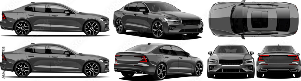 Vector Realistic 3d Isolated Gray Sedan Car with gradients and trancperncye in front, back, side and isometric view	