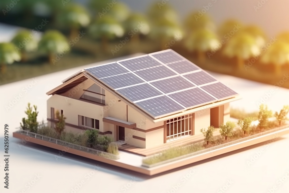 3d model, layout of an eco-friendly, energy-efficient house. Energy Efficient House. Renewable energy concept. Selective focus. Generative AI technology. 3d model, layout of an eco-friendly, energy-efficient house. Energy Efficient House. Renewable energy concept. Selective focus. Generative AI technology.