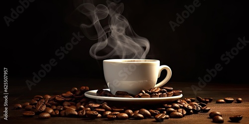 White Coffee Cup on Black Table with Coffee Beans. Closeup Background with Copy Space