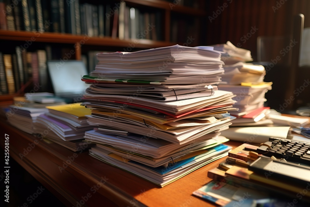 Close-up office desk with an organized stack of papers, heavy workload Close-up office desk with an organized stack of papers, heavy workload
