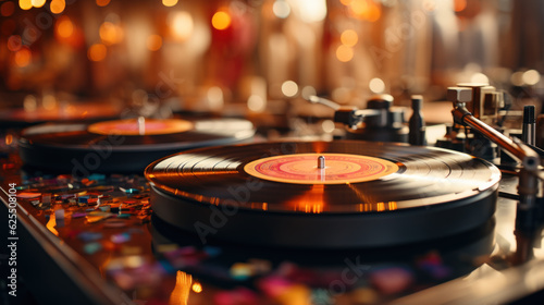 Vinyl record DJ player at bright lights disco bokeh background created with generative AI technology