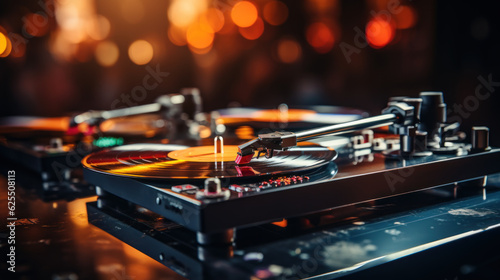 Vinyl record DJ player at bright lights disco bokeh background created with generative AI technology