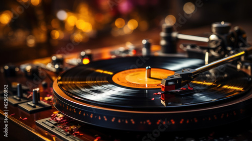 Vinyl record DJ player at bright lights disco bokeh background created with generative AI technology