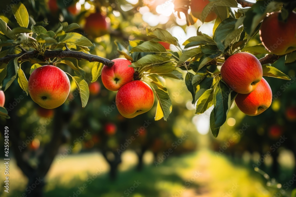 Apple Orchard With Trees Laden With Ripe Apples, Generative AI