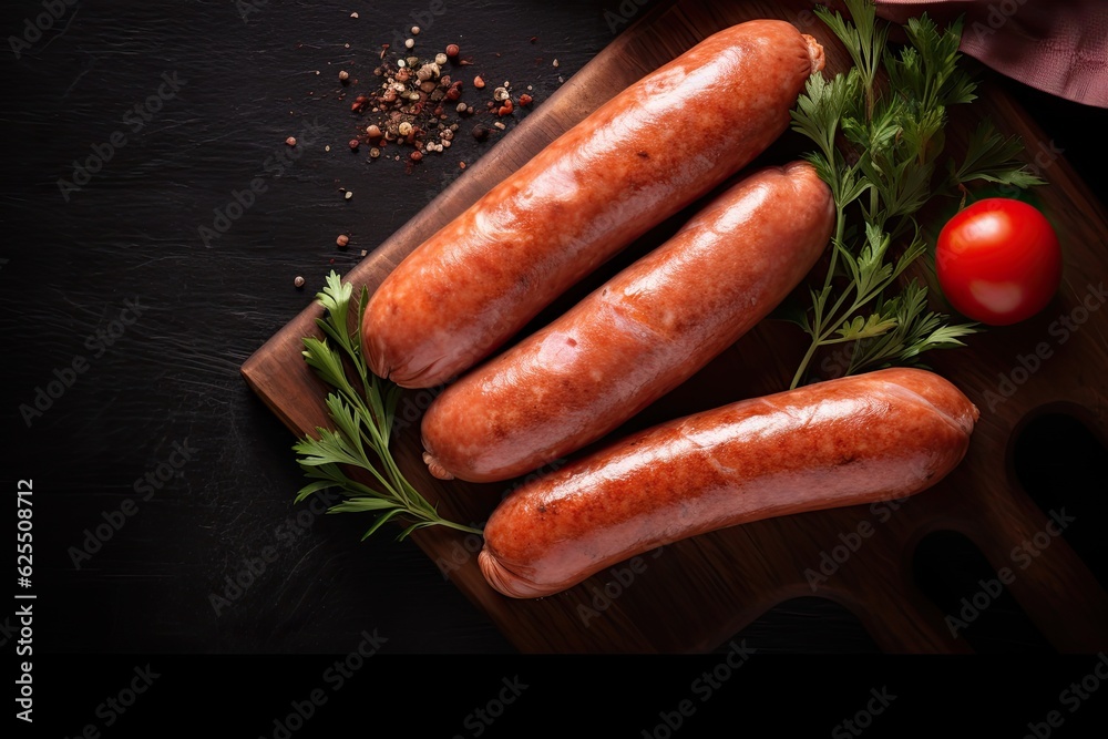 Delicious freshly cooked sausages temptingly laid out on the countertop. Delicious freshly cooked sausages temptingly laid out on the countertop.