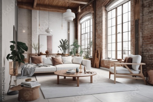 A chic modern studio apartment with wooden columns in the loft style  brick  marble  and wood decorations  chic furniture  and white walls. Generative AI