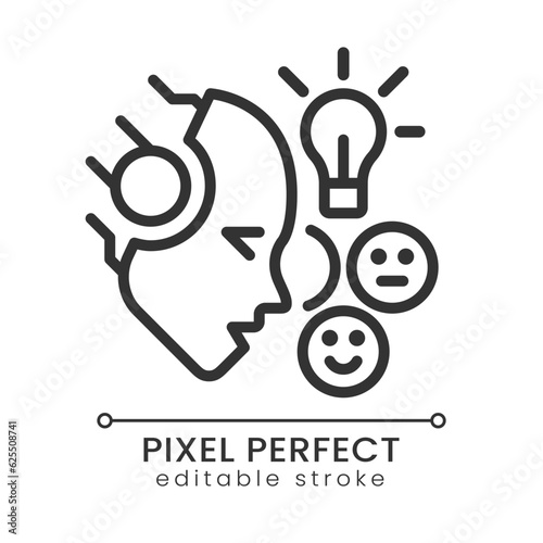 AI understands emotions pixel perfect linear icon. Facial expressions analysis. Neural network. Affective computing. Thin line illustration. Contour symbol. Vector outline drawing. Editable stroke