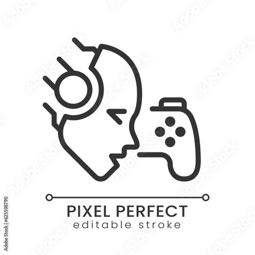 AI play games pixel perfect linear icon. Deep reinforcement learning. Artificial intelligence bot. Virtual reality. Thin line illustration. Contour symbol. Vector outline drawing. Editable stroke