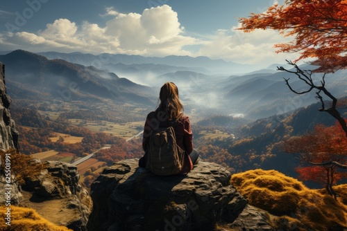 Back view of a woman in sports clothes, sitting on a rocky outcrop, looking out over a spectacular mountain valley. Generative AI