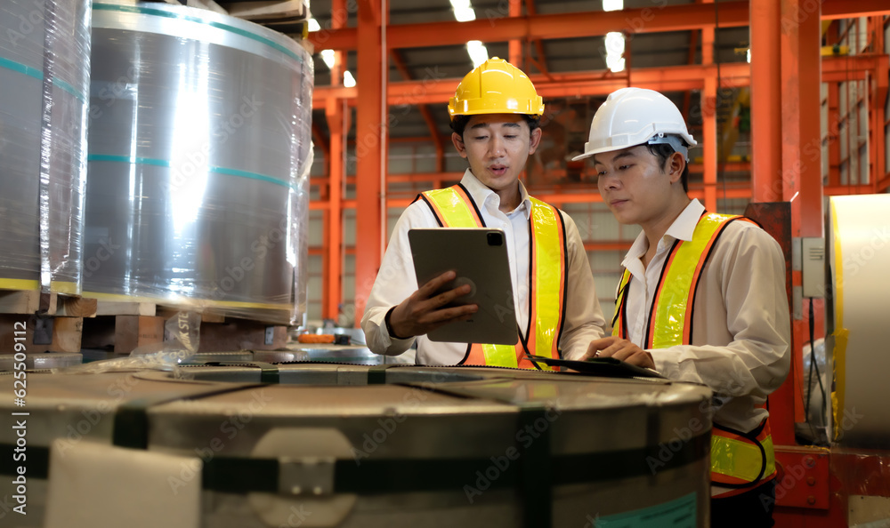 Skilled manager train young technician to work in metalwork production factory. Asian industrial engineer standing at manufacturing facility do machine technology job training in heavy metal industry Skilled manager train young technician to work in metalwork production factory. Asian industrial engineer standing at manufacturing facility do machine technology job training in heavy metal industry