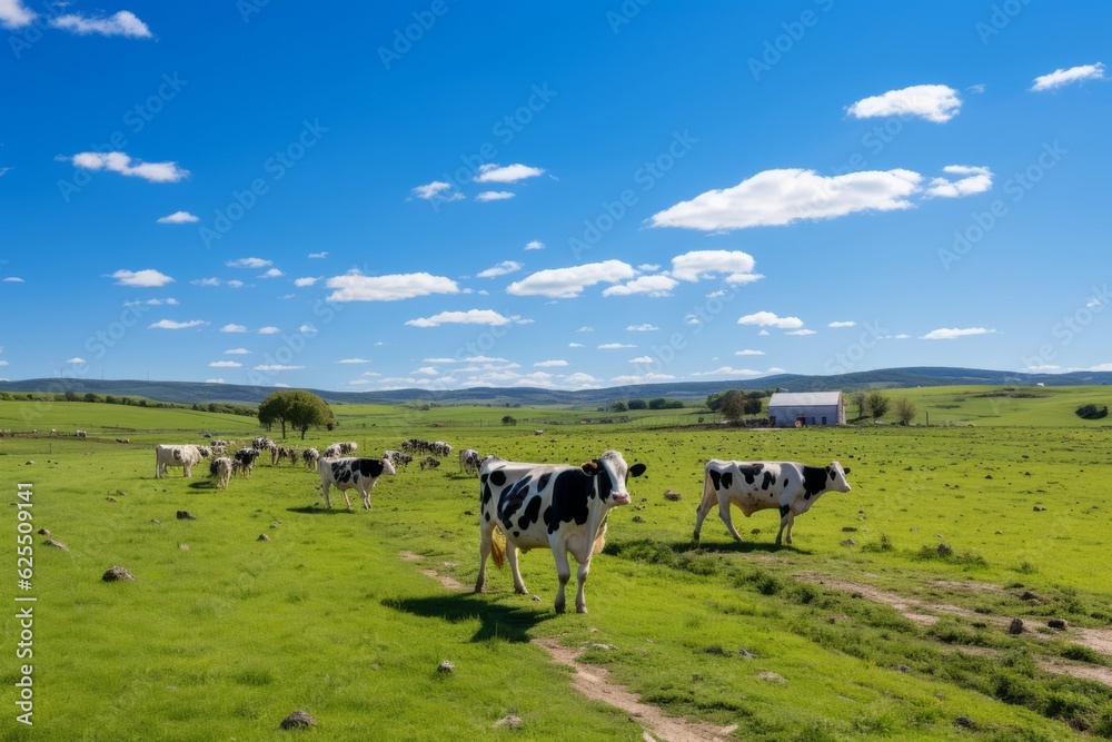 Dairy Farm With Cows Grazing On Lush Green Field, Generative AI