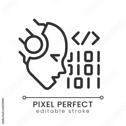 AI codes pixel perfect linear icon. Programmers help. Machine learning algorithm. Software technique. Generation tool. Thin line illustration. Contour symbol. Vector outline drawing. Editable stroke