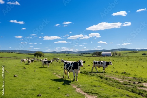 Dairy Farm With Cows Grazing On Lush Green Field, Generative AI © ManusiaIkan