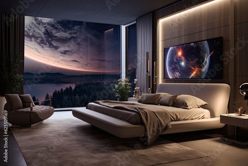 A high tech display embedded on the wall of a contemporary and lavish bedroom.