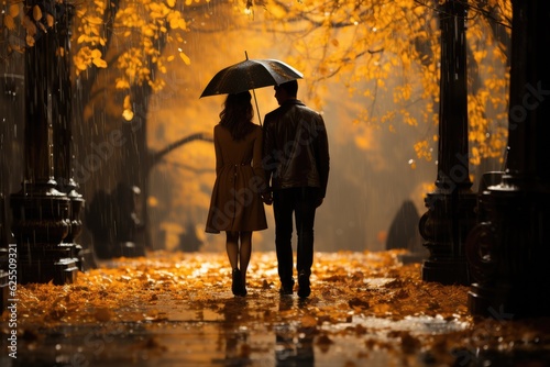 Loving couple walking under an umbrella in autumn park. Generative AI
