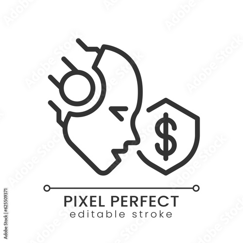 AI protects pixel perfect linear icon. Credit card fraud detection. Artificial intelligence solution. Bank security. Thin line illustration. Contour symbol. Vector outline drawing. Editable stroke