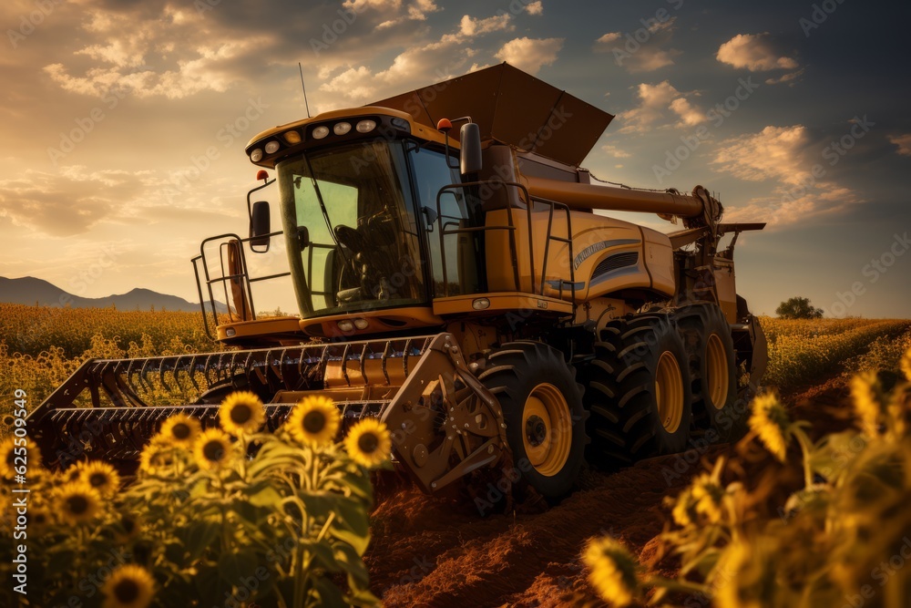 Fototapeta premium Farmer Operating A Combine Harvester, Generative AI