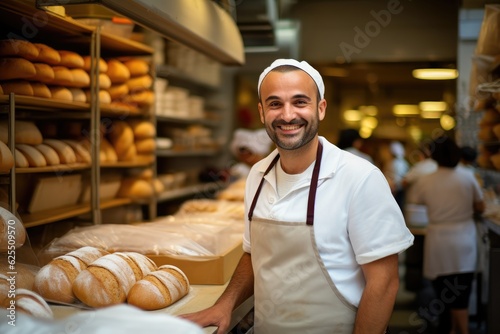 A young baker is standing in his bakery and smiling at the camera, bread is lying next to him, portrait, generative ai