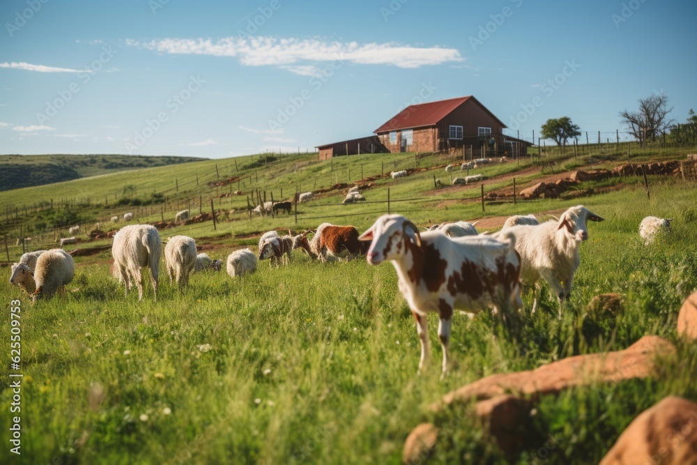 Goat Farm With Goats Grazing On A Hill, Generative AI Goat Farm With Goats Grazing On A Hill, Generative AI