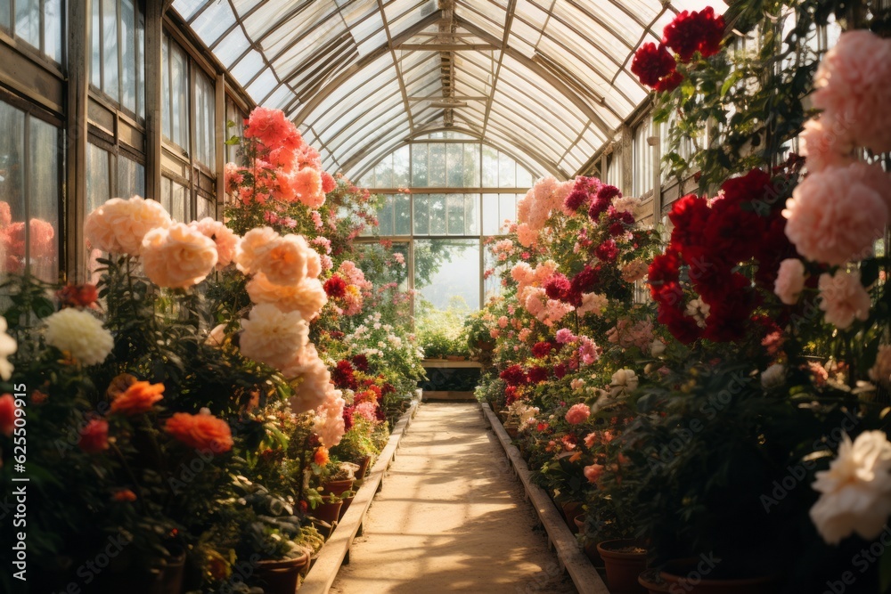 Greenhouse Filled With Rows Of Blooming Flowers, Generative AI