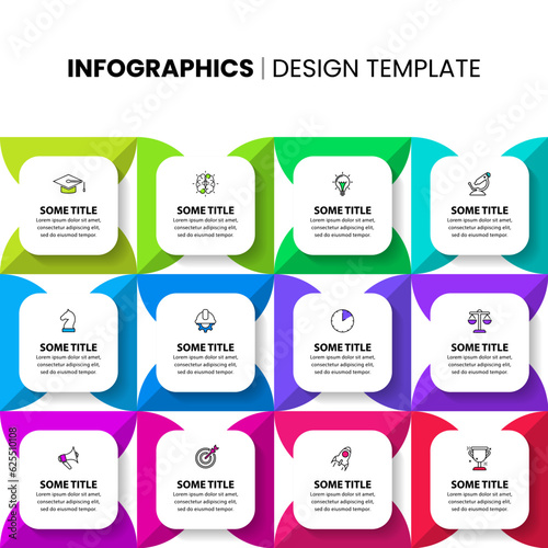 Infographic template. 12 abstract squares with icons and text