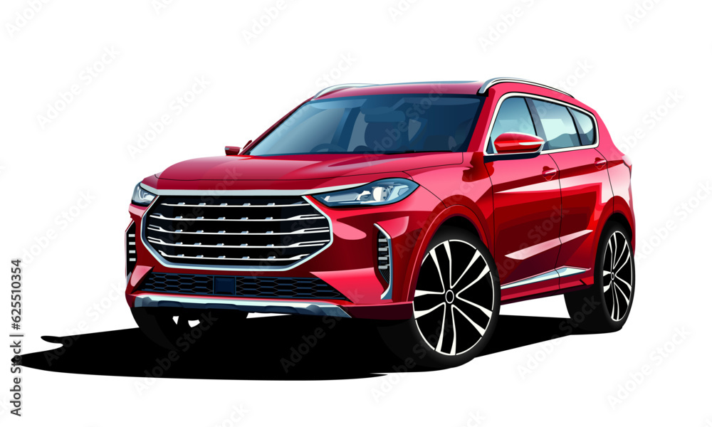 Realistic Vector 3d Isolated Red Car SUV with gradients, Front Isometric View