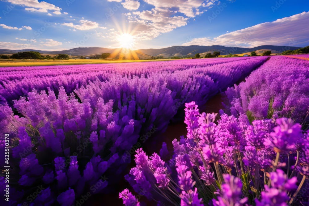 Fototapeta premium Lavender Field With Rows Of Blooming Flowers, Generative AI 