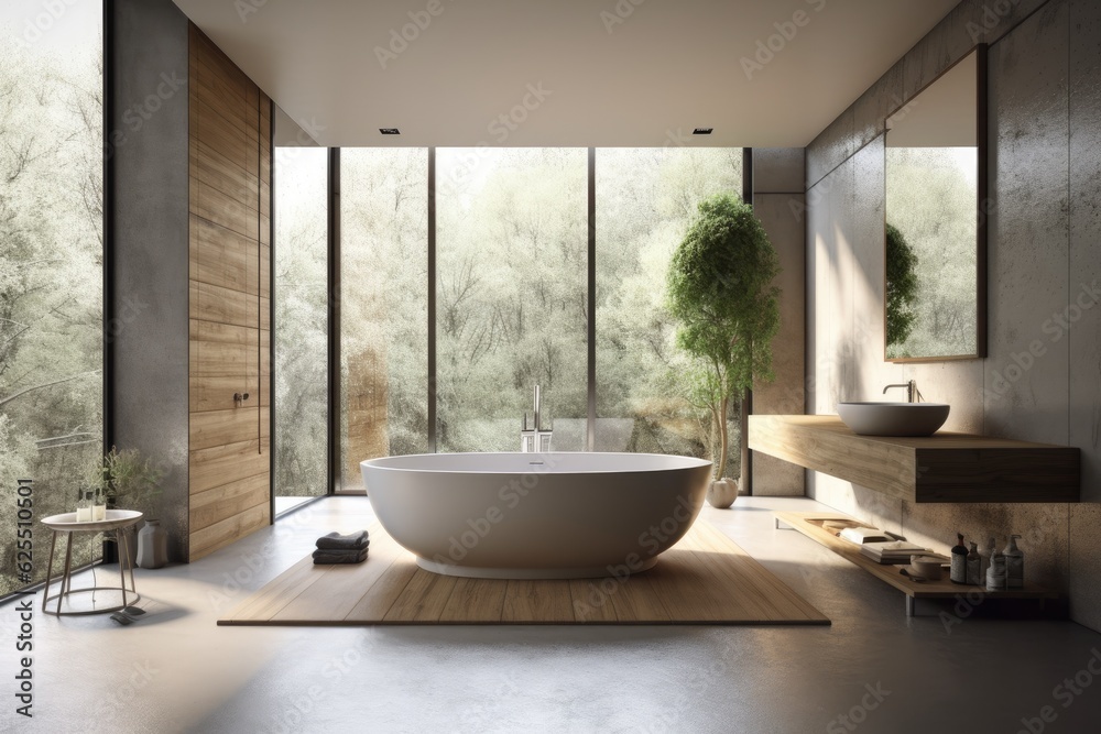 a bathtub in the centre of the space, in front of a sizable window. Generative AI a bathtub in the centre of the space, in front of a sizable window. Generative AI