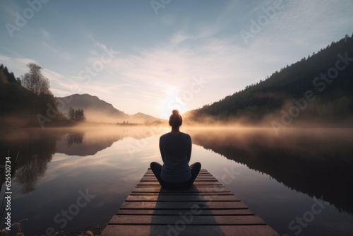 Woman lake pose meditation. Generate Ai